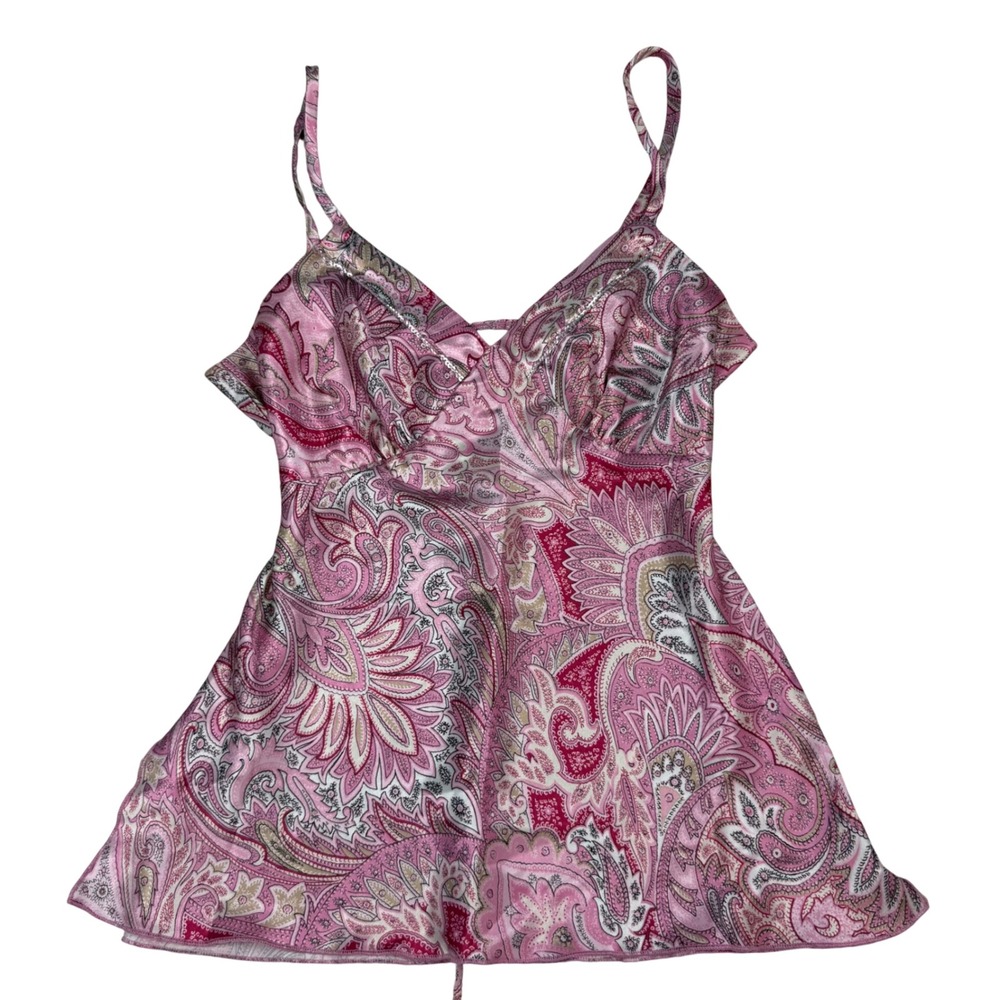 VTG Y2K Fashion Bug Pink Paisley Satin Camisole Sequin Trim Babydoll Top Medium